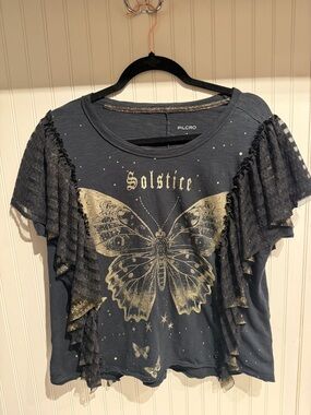 Pilcro Black Tee with Gold Butterfly Graphic and Ruffle Sleeves